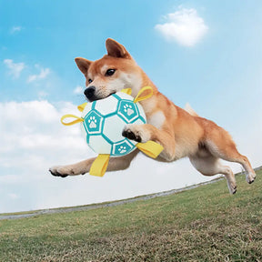 Balle de soccer en forme d'empreinte de patte pour chien avec sangles.