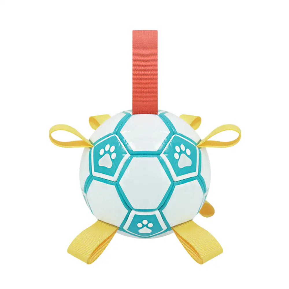 Balle de soccer en forme d'empreinte de patte pour chien avec sangles.