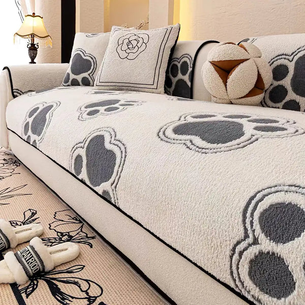 Housse de canapé en polaire douce avec empreinte de patte, antidérapante.