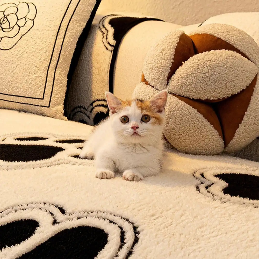 Housse de canapé en polaire douce avec empreinte de patte, antidérapante.