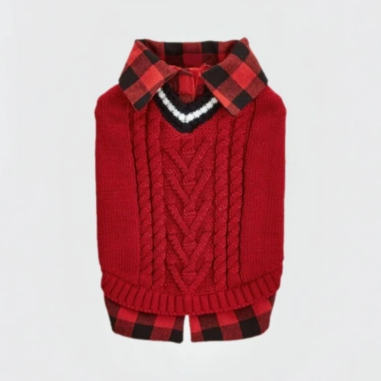 Gilet tricoté torsadé pour chien avec col à carreaux idéal pour l'automne et l'hiver
