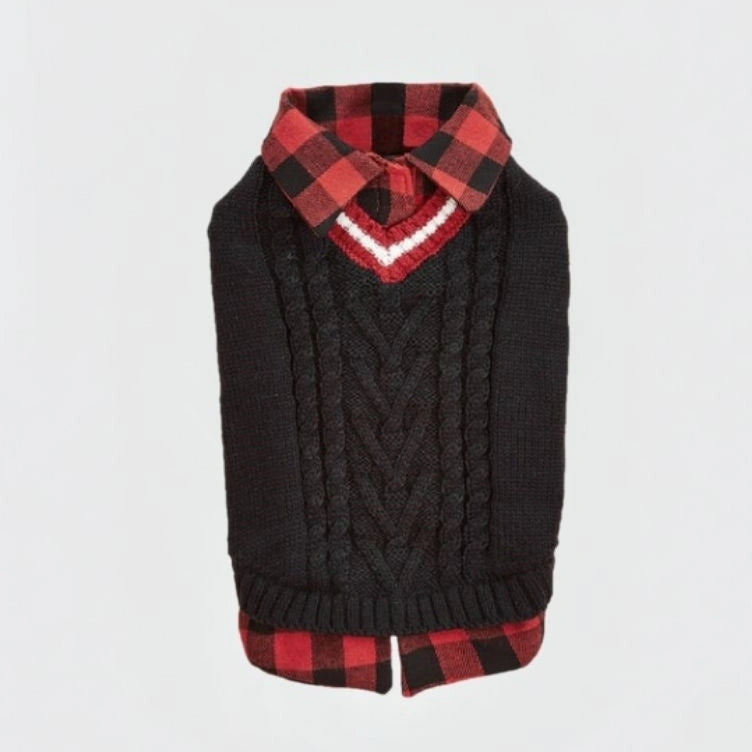 Gilet tricoté torsadé pour chien avec col à carreaux idéal pour l'automne et l'hiver