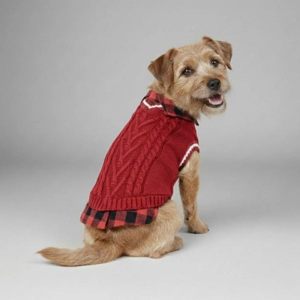 Gilet tricoté torsadé pour chien avec col à carreaux idéal pour l'automne et l'hiver
