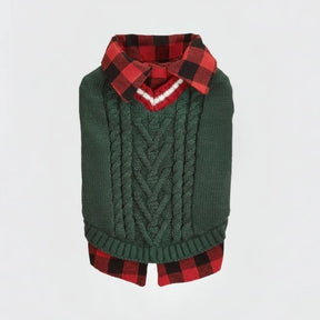 Gilet tricoté torsadé pour chien avec col à carreaux idéal pour l'automne et l'hiver