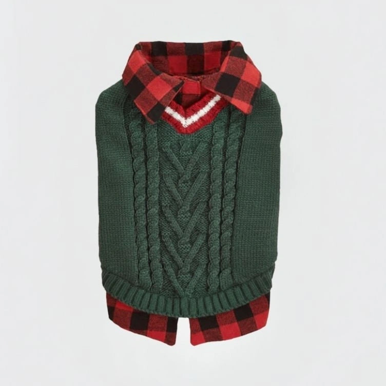 Gilet tricoté torsadé pour chien avec col à carreaux idéal pour l'automne et l'hiver