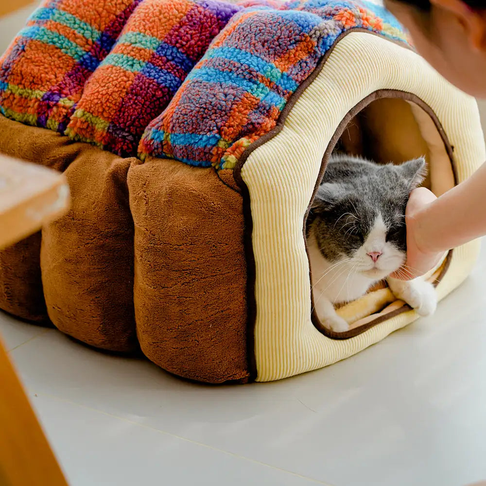 Lit pour chien et chat en forme de cave en plaid rétro chaleureux et douillet - Maison rétro