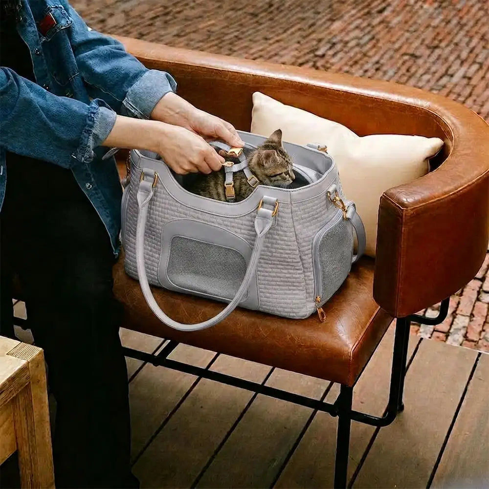 Sac de transport pour animaux en cuir synthétique respirant et portable, adapté pour les chiens et les chats, idéal pour les voyages et les vétérinaires.