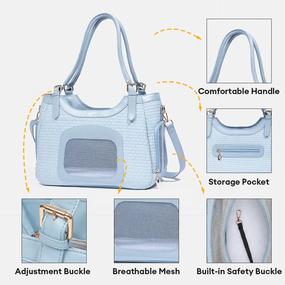 Sac de transport pour animaux en cuir synthétique respirant et portable, adapté pour les chiens et les chats, idéal pour les voyages et les vétérinaires.