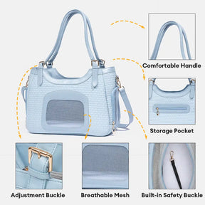 Sac de transport pour animaux en cuir synthétique respirant et portable, adapté pour les chiens et les chats, idéal pour les voyages et les vétérinaires.