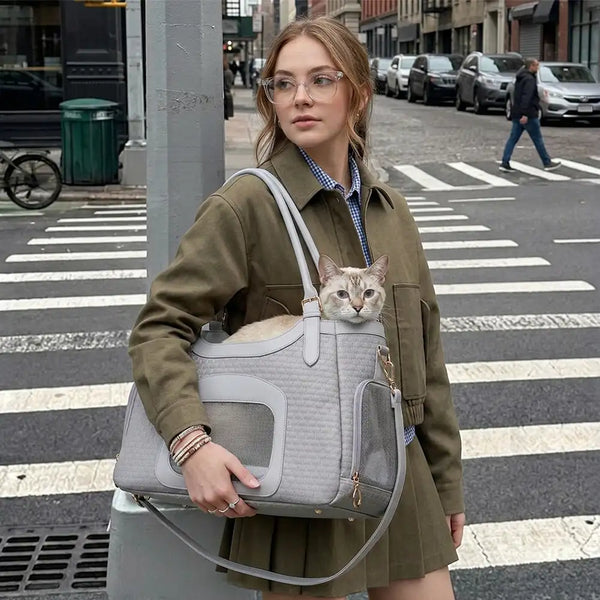 Sac de transport pour animaux en cuir synthétique respirant et portable, adapté pour les chiens et les chats, idéal pour les voyages et les vétérinaires.