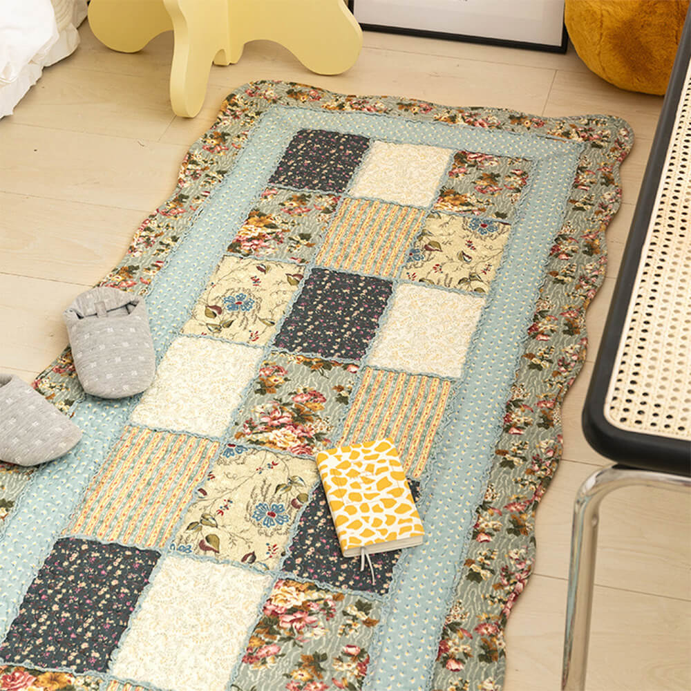 Tapis intérieur antidérapant en coton doux motif patchwork floral style campagne