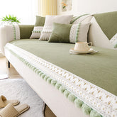 Housse de canapé velours côtelé doux toutes saisons imperméable anti-rayures avec pompons