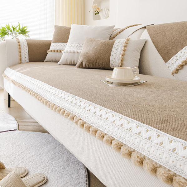 Housse de canapé velours côtelé doux toutes saisons imperméable anti-rayures avec pompons