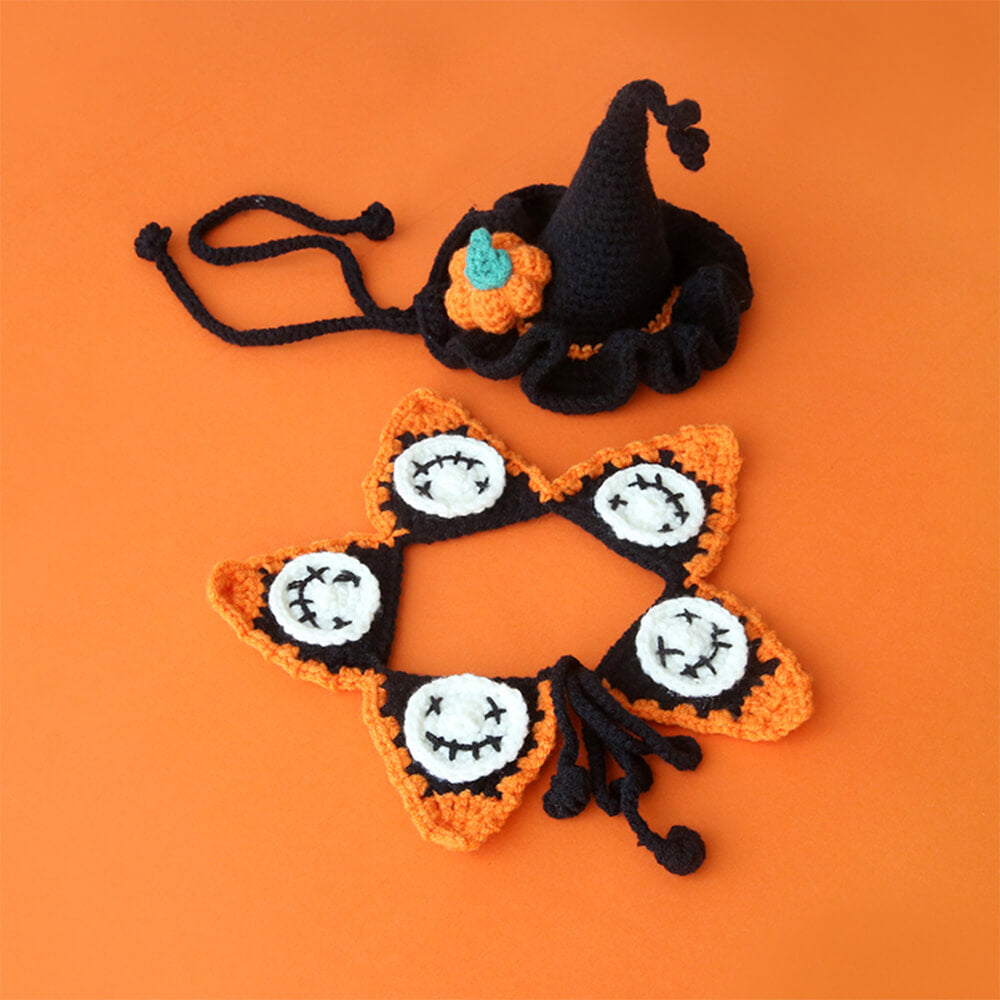 Costume pour Animaux de Compagnie Halloween Collier Citrouille Tricoté à la Main Chapeau de Sorcière