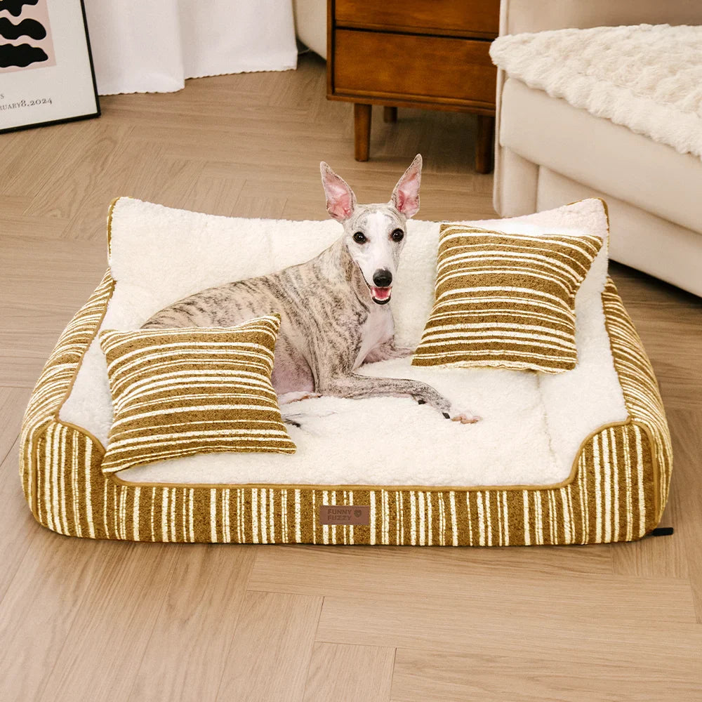 Lit Sofa Orthopédique en Velours Rayé pour Chiens et Chats avec Oreillers - Canapé Grove