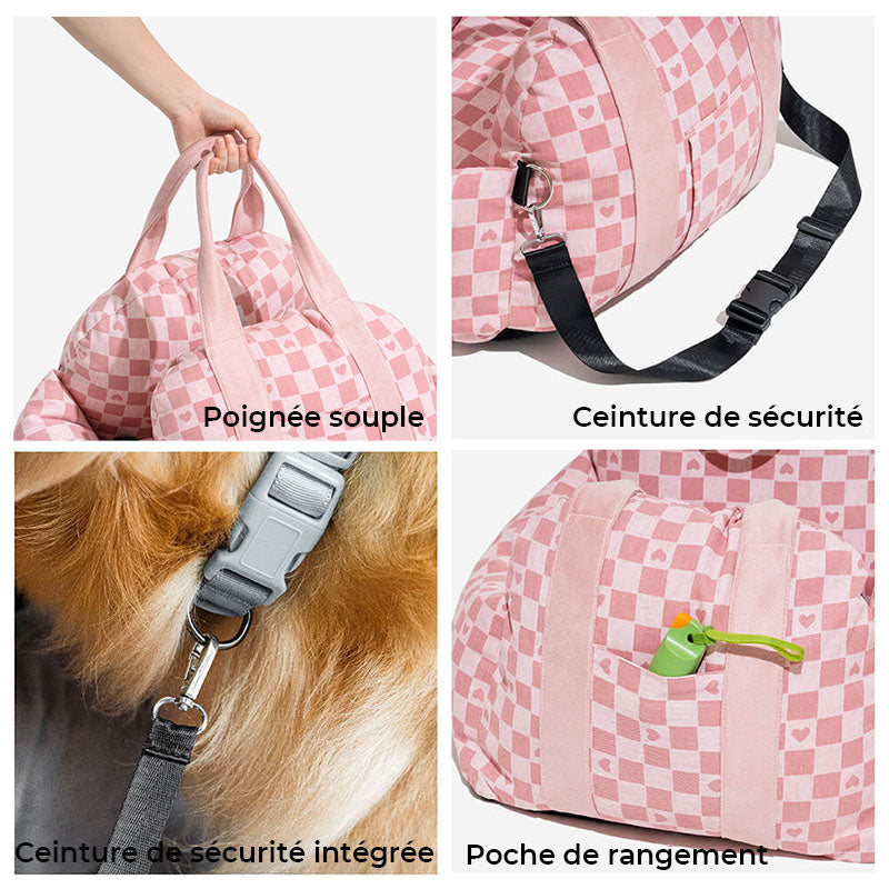 Siège de voiture pour chien à damier vintage et cœur