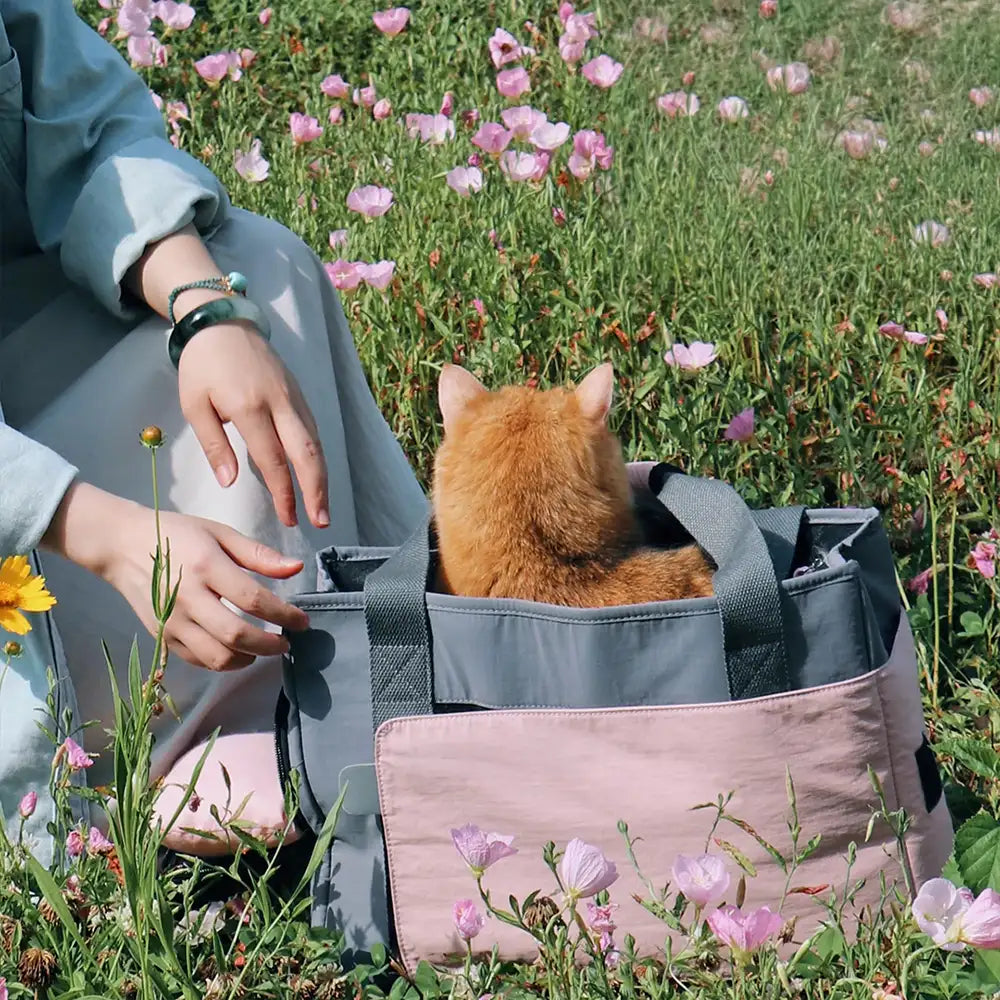 Sac de transport pour chat respirant à parois souples avec coussin amovible.