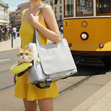 Sac de transport pour chat respirant à parois souples avec coussin amovible.