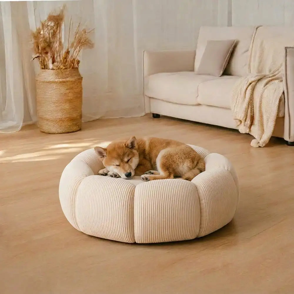 Lit rond pour chat et chien avec support de cou doux et lavable.