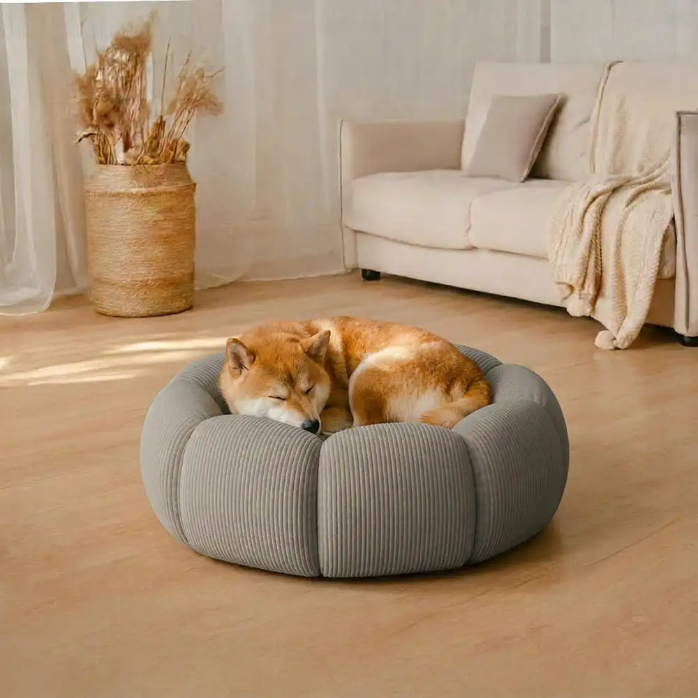 Lit rond pour chat et chien avec support de cou doux et lavable.