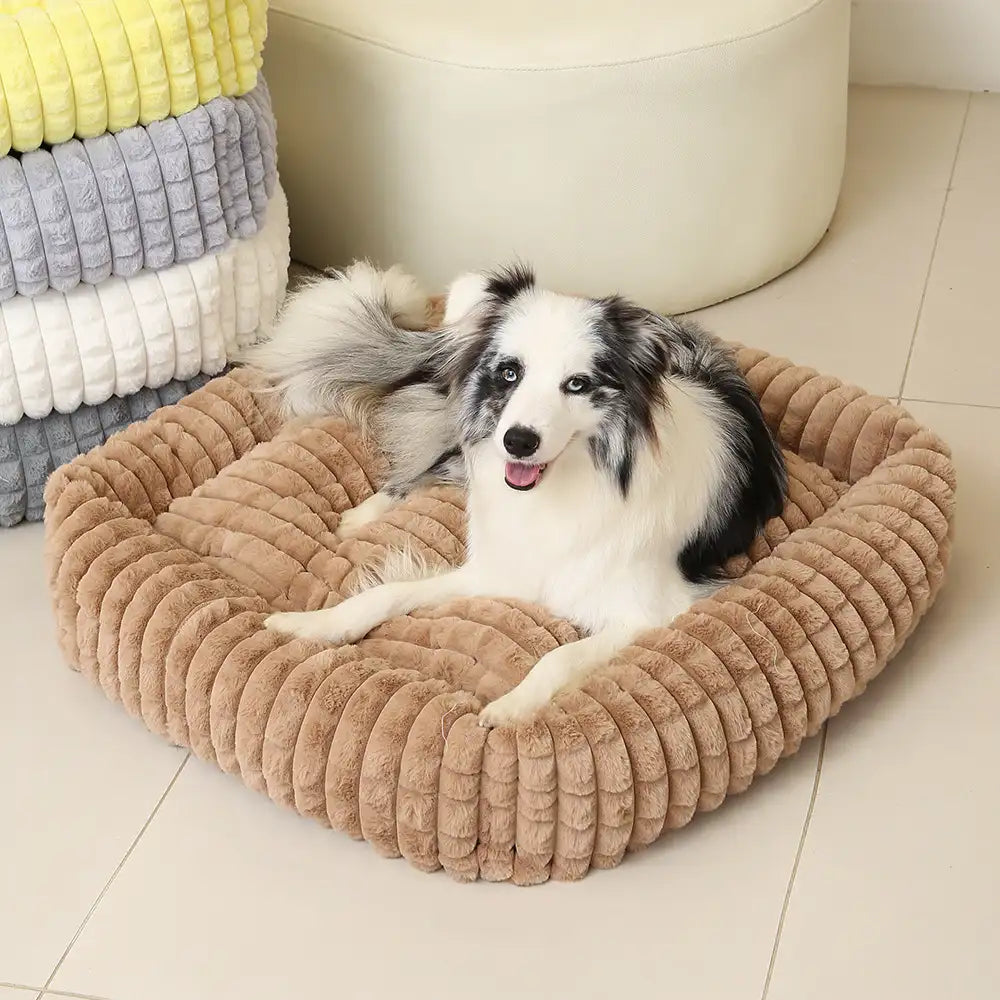 Lit pour chien peluche courte rayures carrées moelleux pour chiens petites et grandes tailles