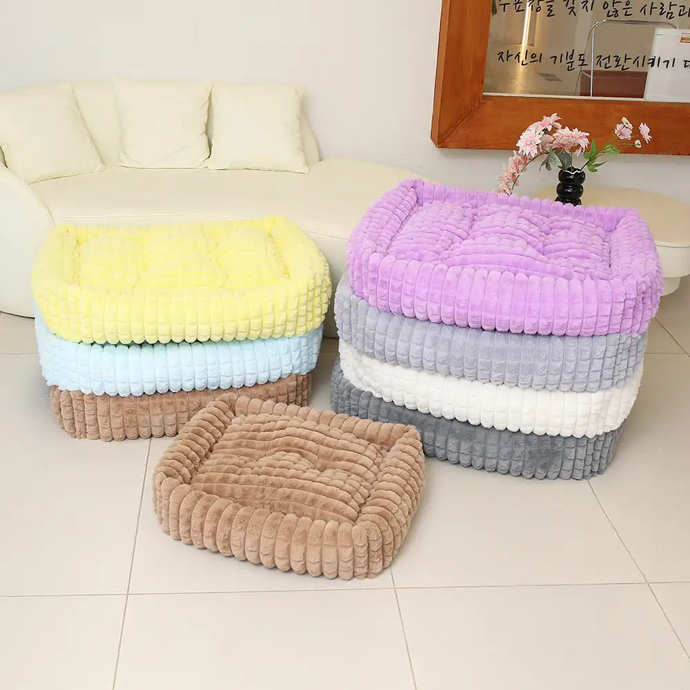 Lit pour chien peluche courte rayures carrées moelleux pour chiens petites et grandes tailles