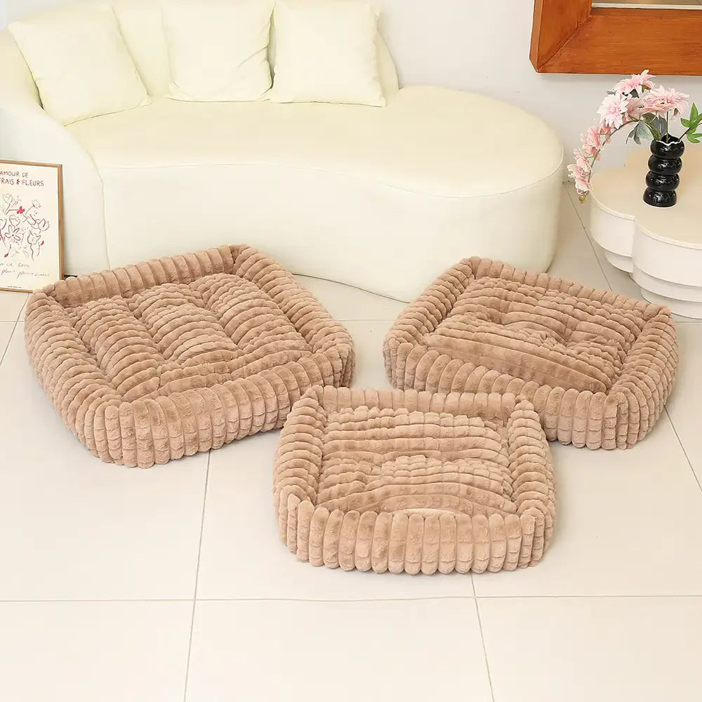 Lit pour chien peluche courte rayures carrées moelleux pour chiens petites et grandes tailles