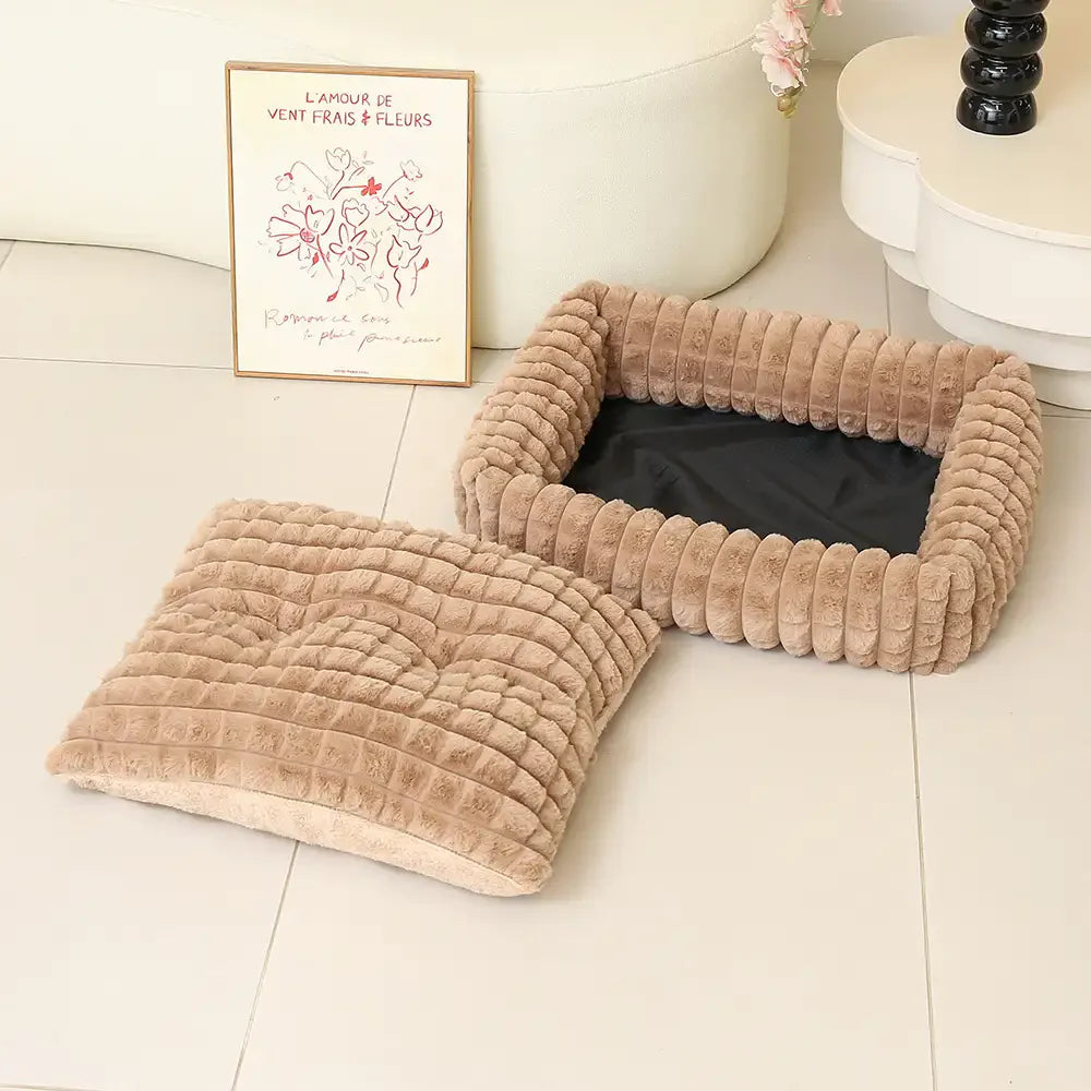 Lit pour chien peluche courte rayures carrées moelleux pour chiens petites et grandes tailles