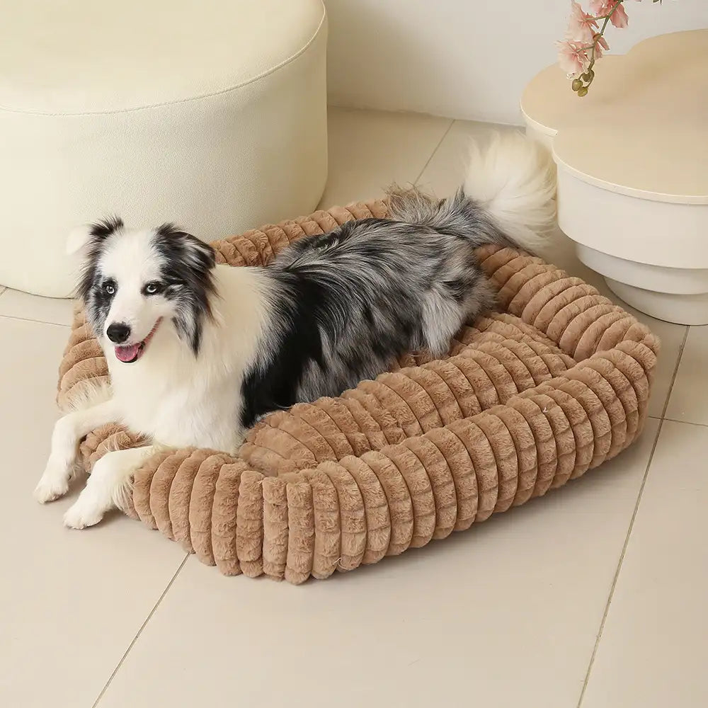 Lit pour chien peluche courte rayures carrées moelleux pour chiens petites et grandes tailles