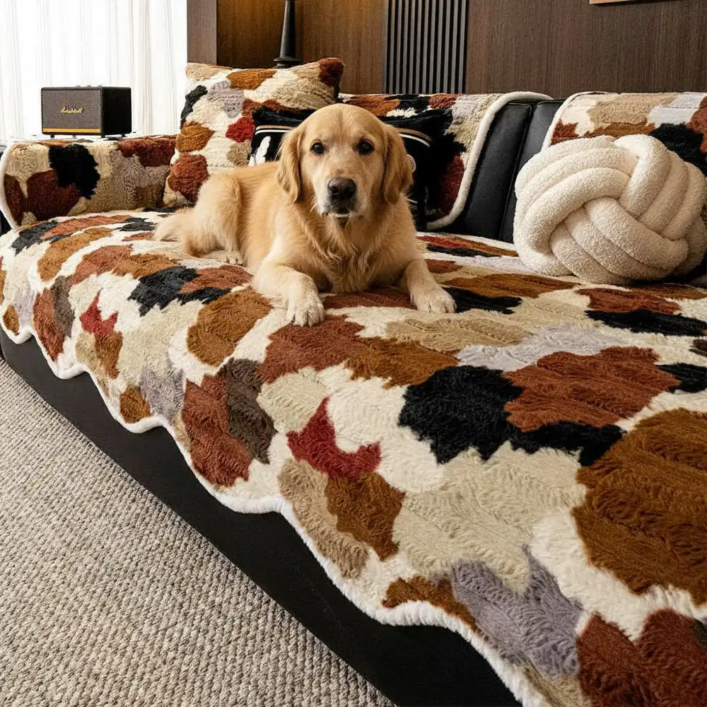 Housse de canapé en fausse fourrure de lapin, douce, antidérapante, de forme irrégulière et colorée.