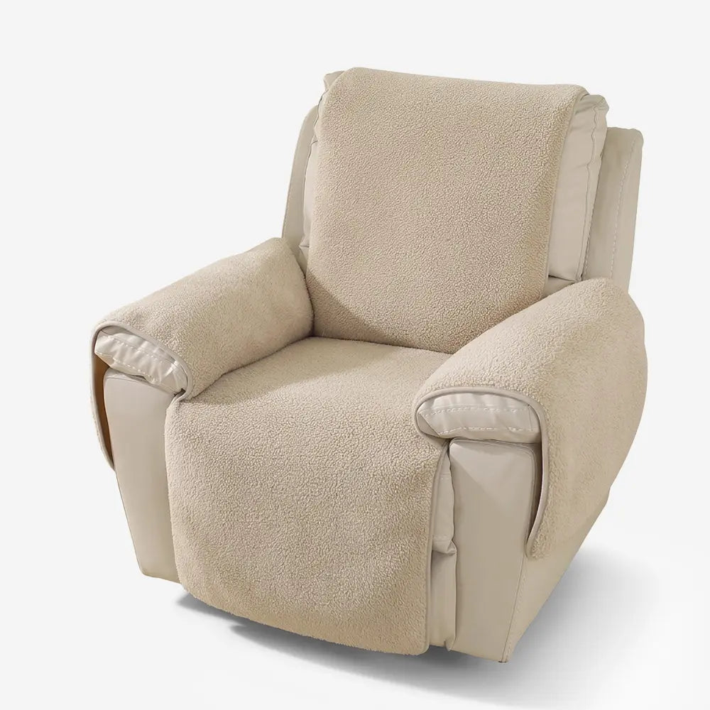 Housse de fauteuil inclinable en fausse fourrure sherpa épaisse et douce avec des sangles élastiques.