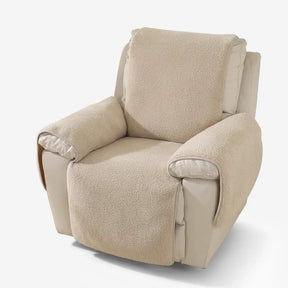 Housse de fauteuil inclinable en fausse fourrure sherpa épaisse et douce avec des sangles élastiques.