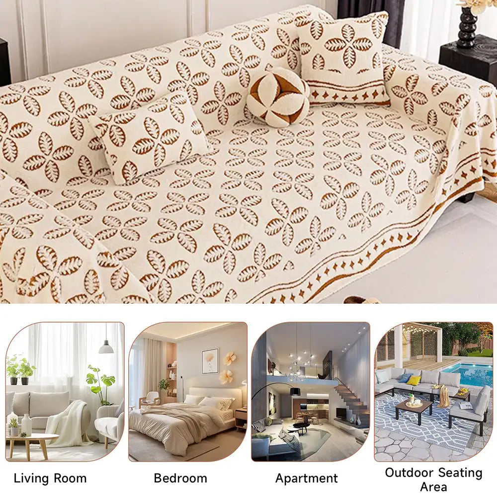 Couverture multi-usages en velours jacquard à motif de feuilles pour décoration de canapé