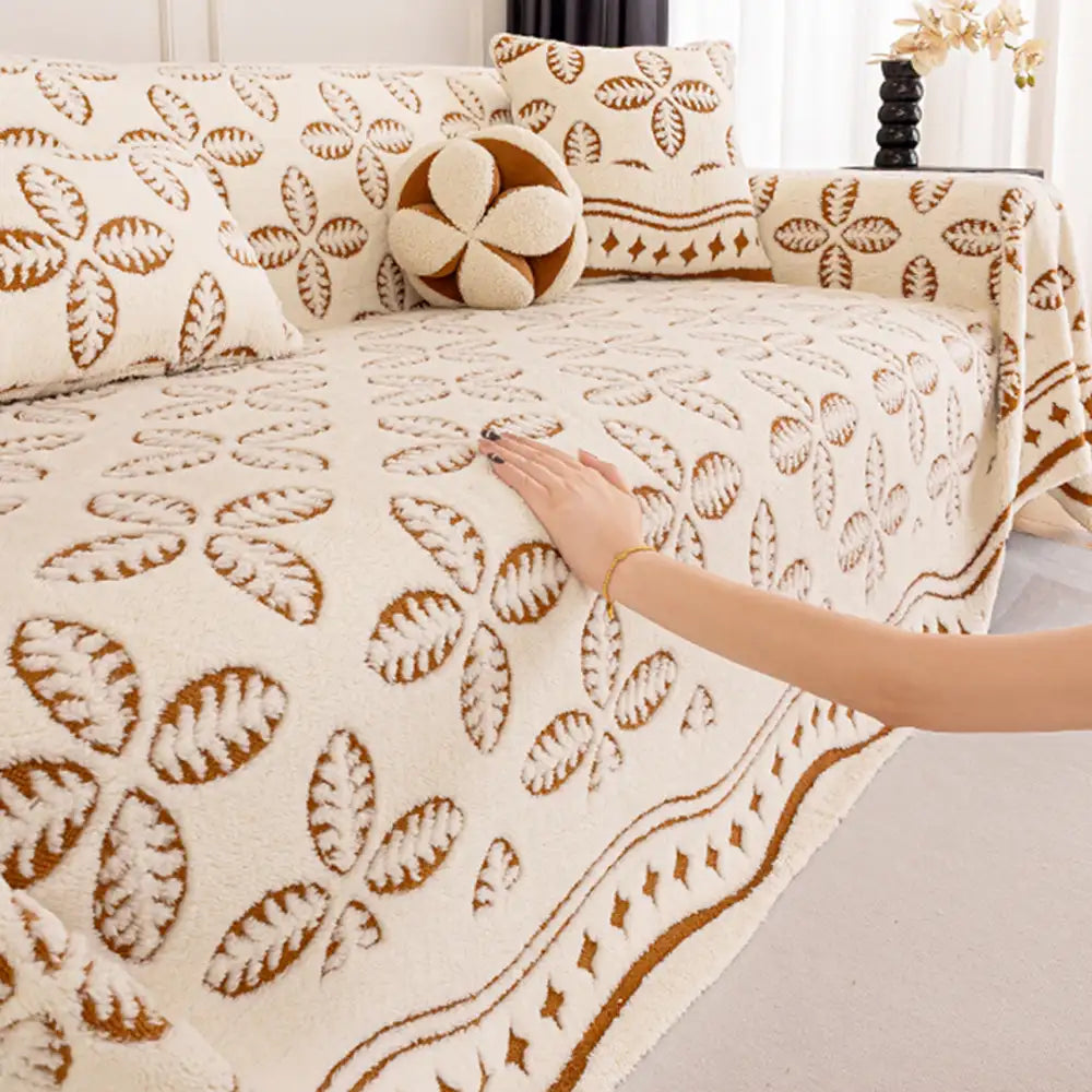 Couverture multi-usages en velours jacquard à motif de feuilles pour décoration de canapé