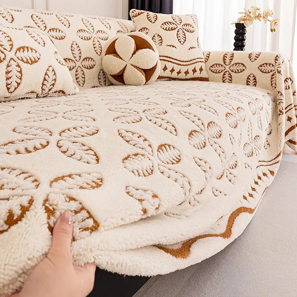 Couverture multi-usages en velours jacquard à motif de feuilles pour décoration de canapé
