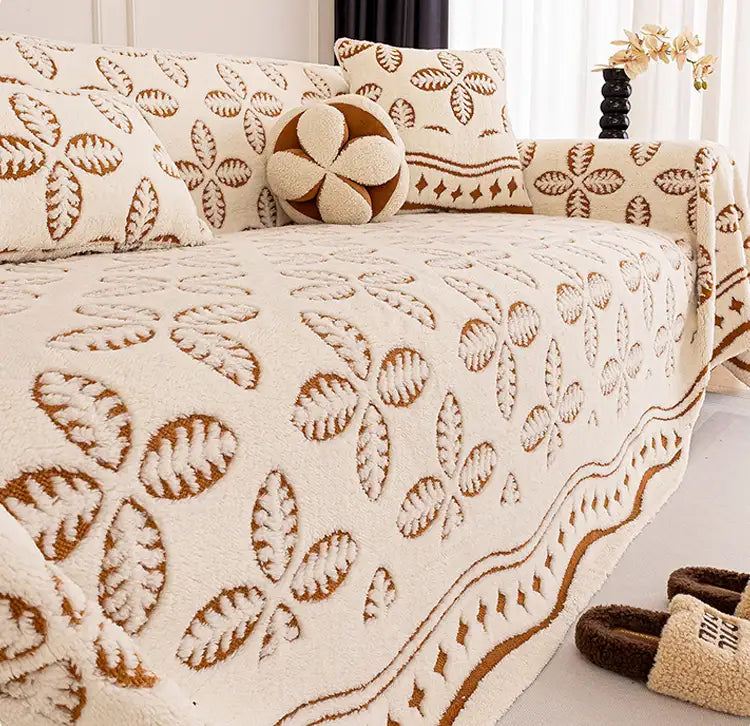 Couverture multi-usages en velours jacquard à motif de feuilles pour décoration de canapé