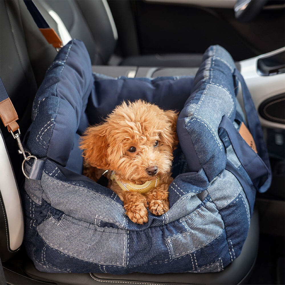 Siège de voiture pour chien en denim vintage et patchwork