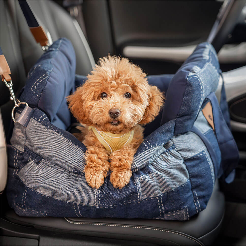 Siège de voiture pour chien en denim vintage et patchwork