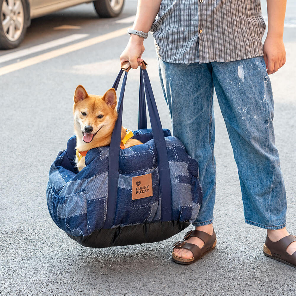 Siège de voiture pour chien en denim vintage et patchwork