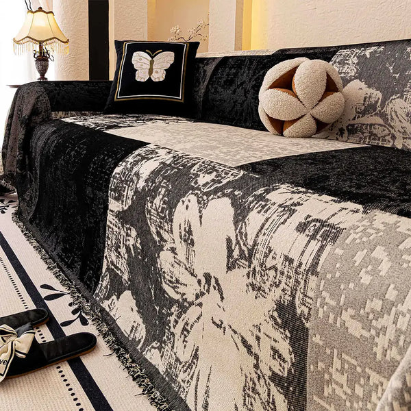 Housse de canapé Jeté de canapé en chenille jacquard botanique vintage, résistant aux griffures.