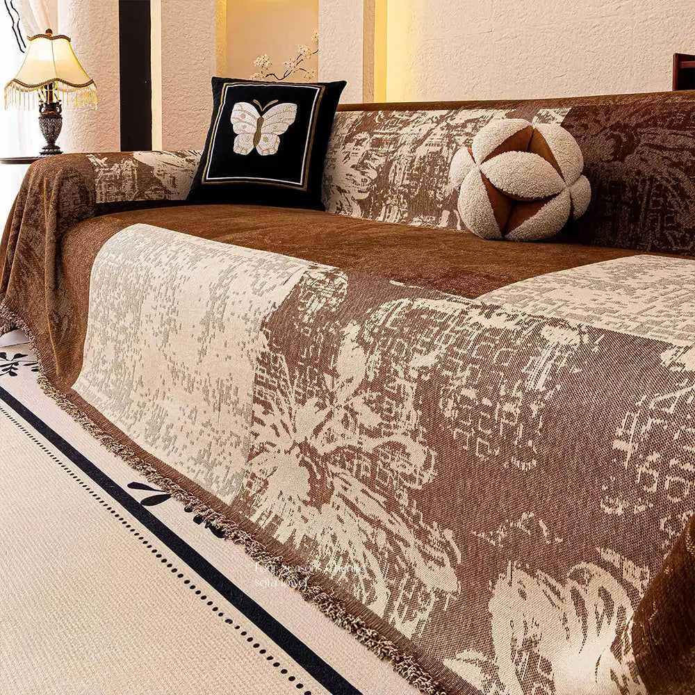 Housse de canapé Jeté de canapé en chenille jacquard botanique vintage, résistant aux griffures.