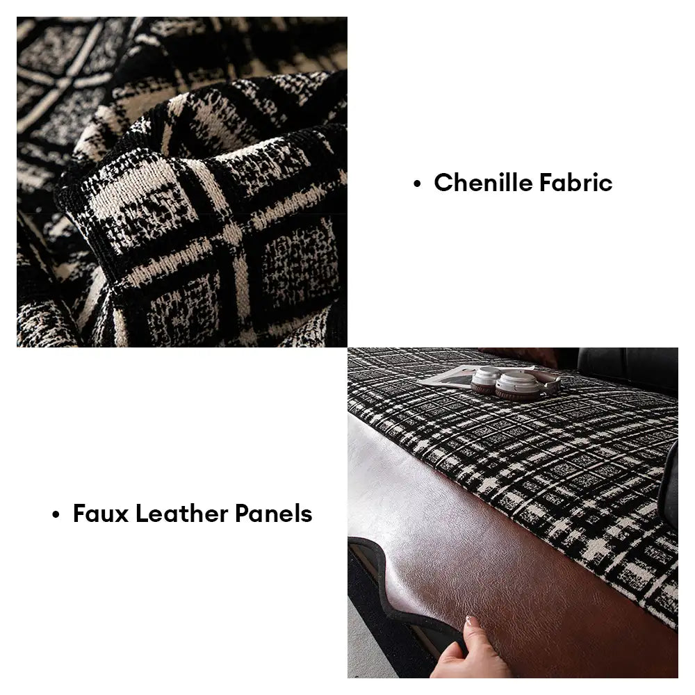 Housse de canapé vintage en chenille avec panneaux en simili cuir, couverture antidérapante.