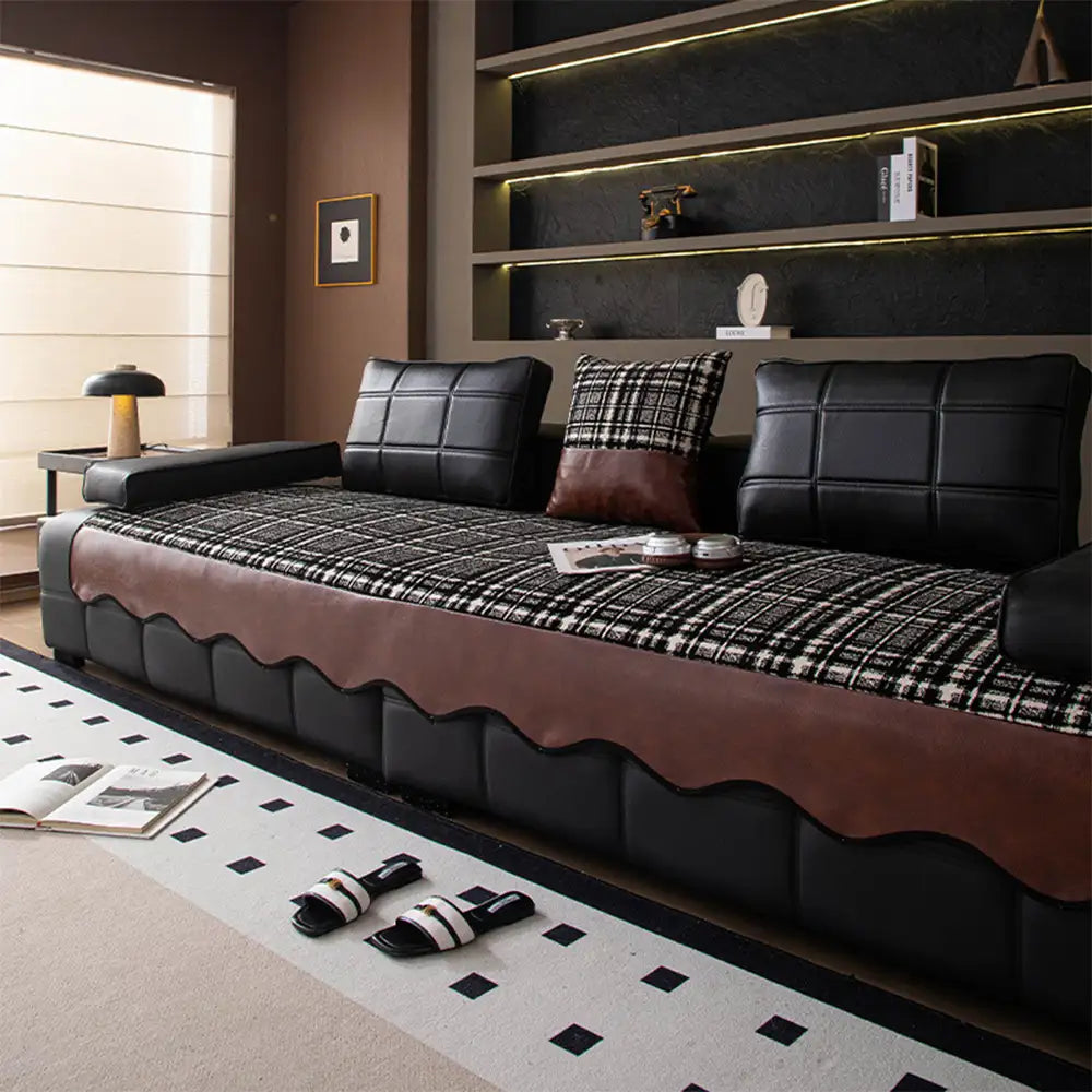 Housse de canapé vintage en chenille avec panneaux en simili cuir, couverture antidérapante.