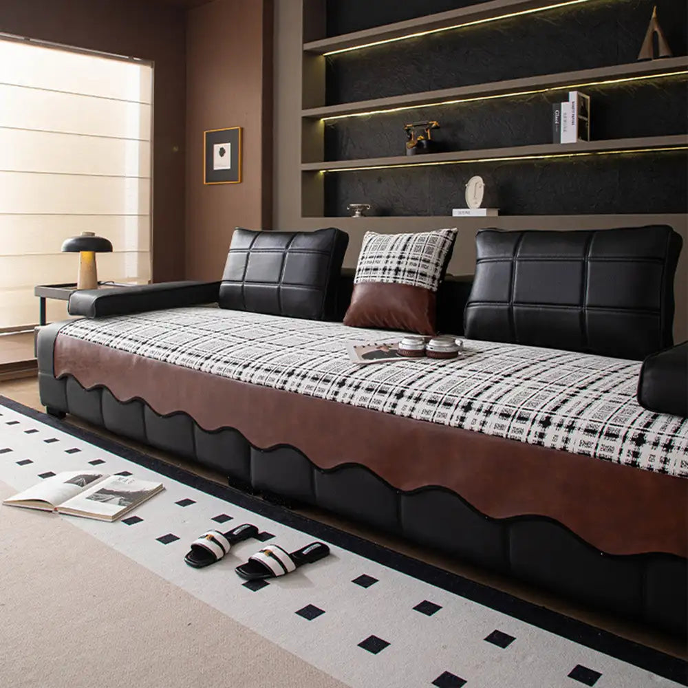 Housse de canapé vintage en chenille avec panneaux en simili cuir, couverture antidérapante.