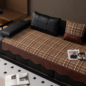 Housse de canapé vintage en chenille avec panneaux en simili cuir, couverture antidérapante.