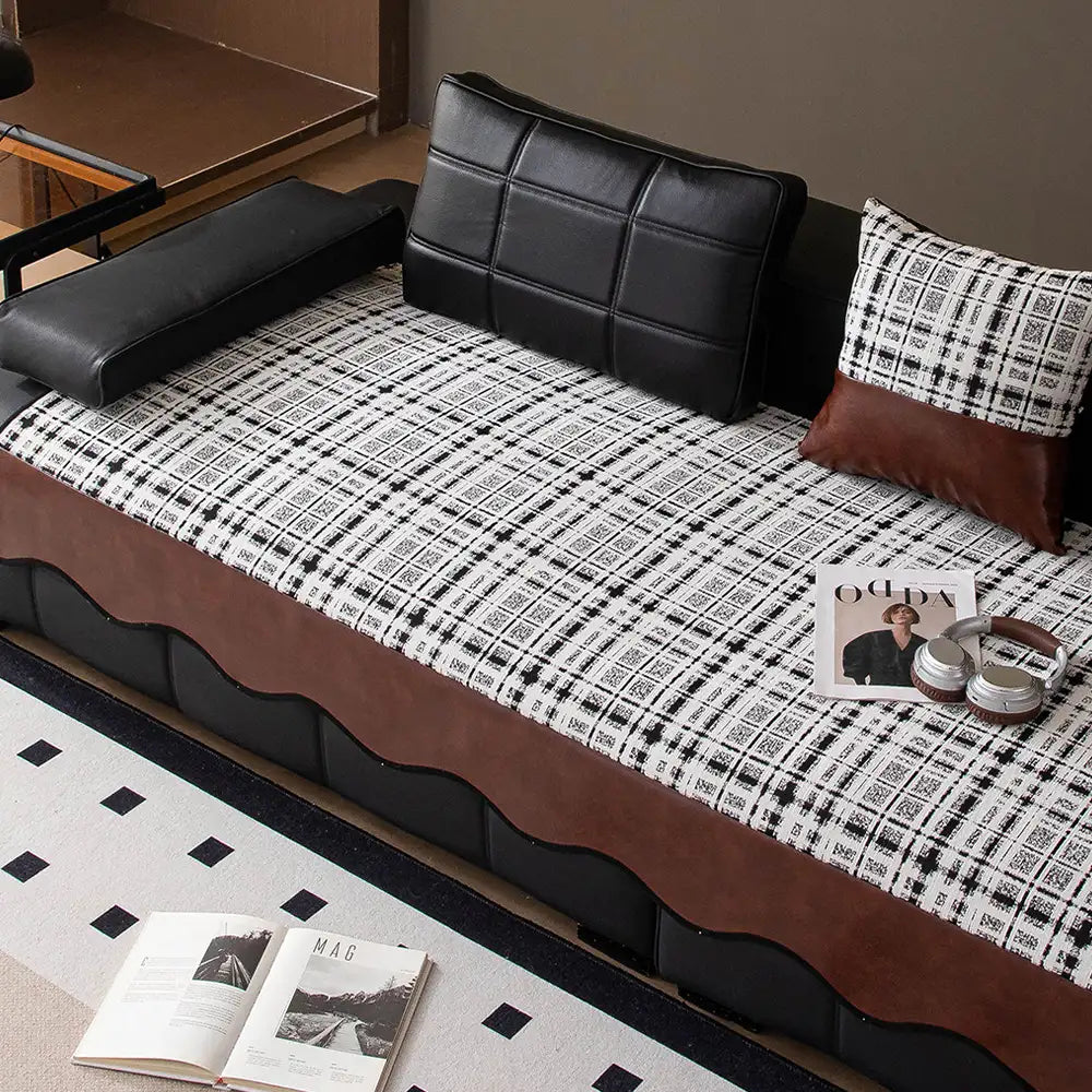 Housse de canapé vintage en chenille avec panneaux en simili cuir, couverture antidérapante.