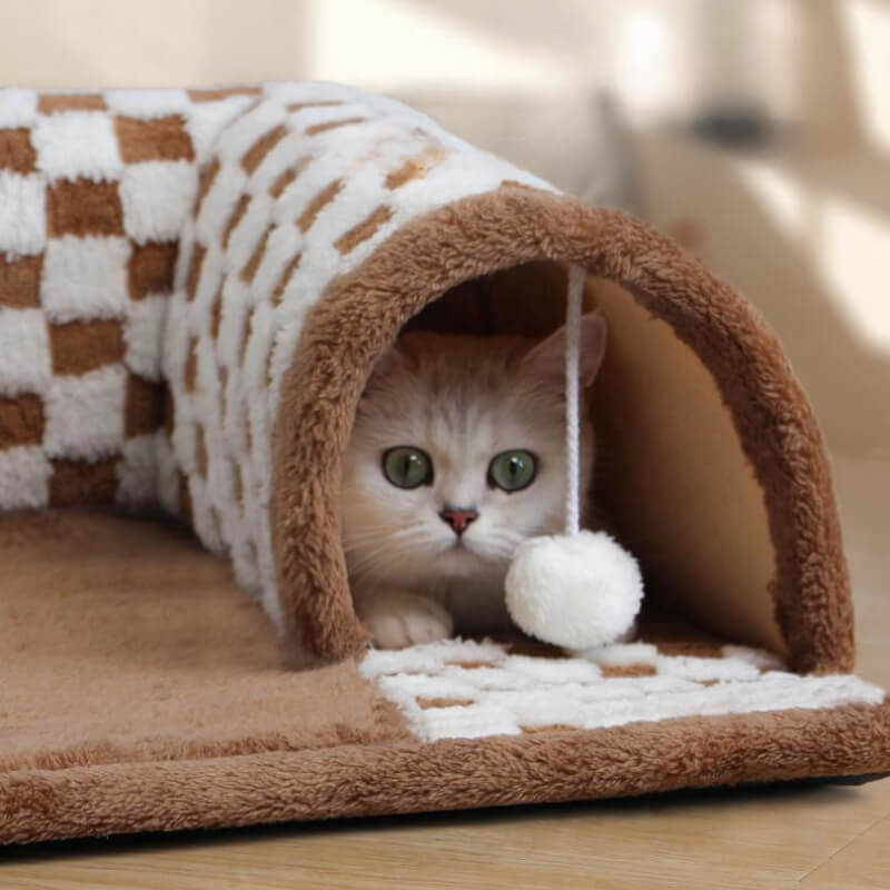 Tunnel de chat en peluche drôle à carreaux 2-en-1