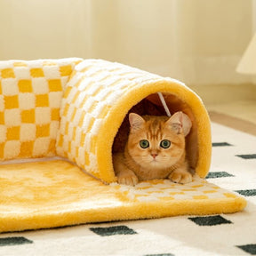 Tunnel de chat en peluche drôle à carreaux 2-en-1