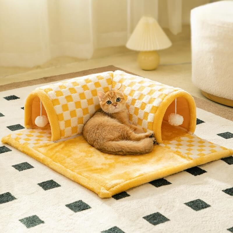 Tunnel de chat en peluche drôle à carreaux 2-en-1