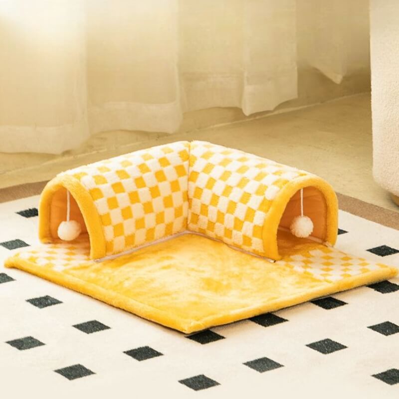 Tunnel de chat en peluche drôle à carreaux 2-en-1